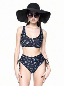 ROMWE Goth Bộ bikini xẻ tà họa tiết đầu xương và côn trùng chắp vá toàn thân dành cho kỳ nghỉ hè trên bãi biển dành cho nữ - Đen và trắng - Xem 6