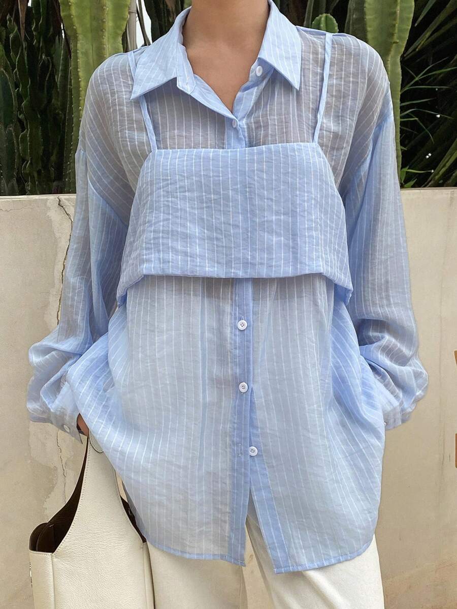 DAZY Women's Striped Loose Casual Shirt, New Autumn Collection Long Sleeve - Blue - View 1