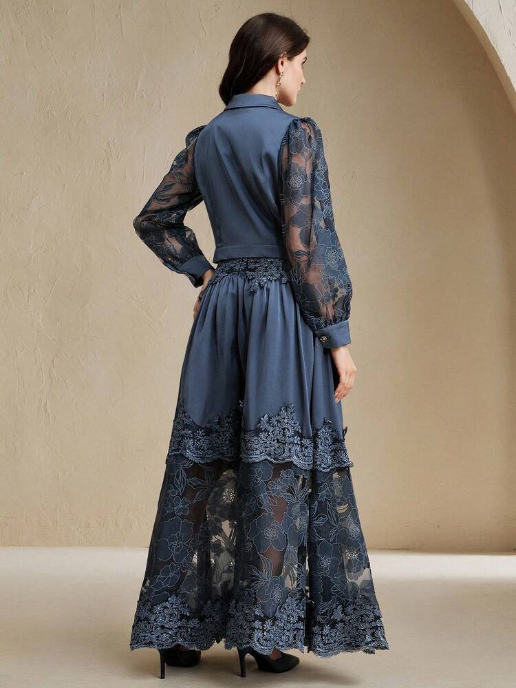 2pcs Women Set: Navy Blue Floral Print Sheer Long Sleeve V-Neck Blouse & Full Flared Skirt, Spring & Summer