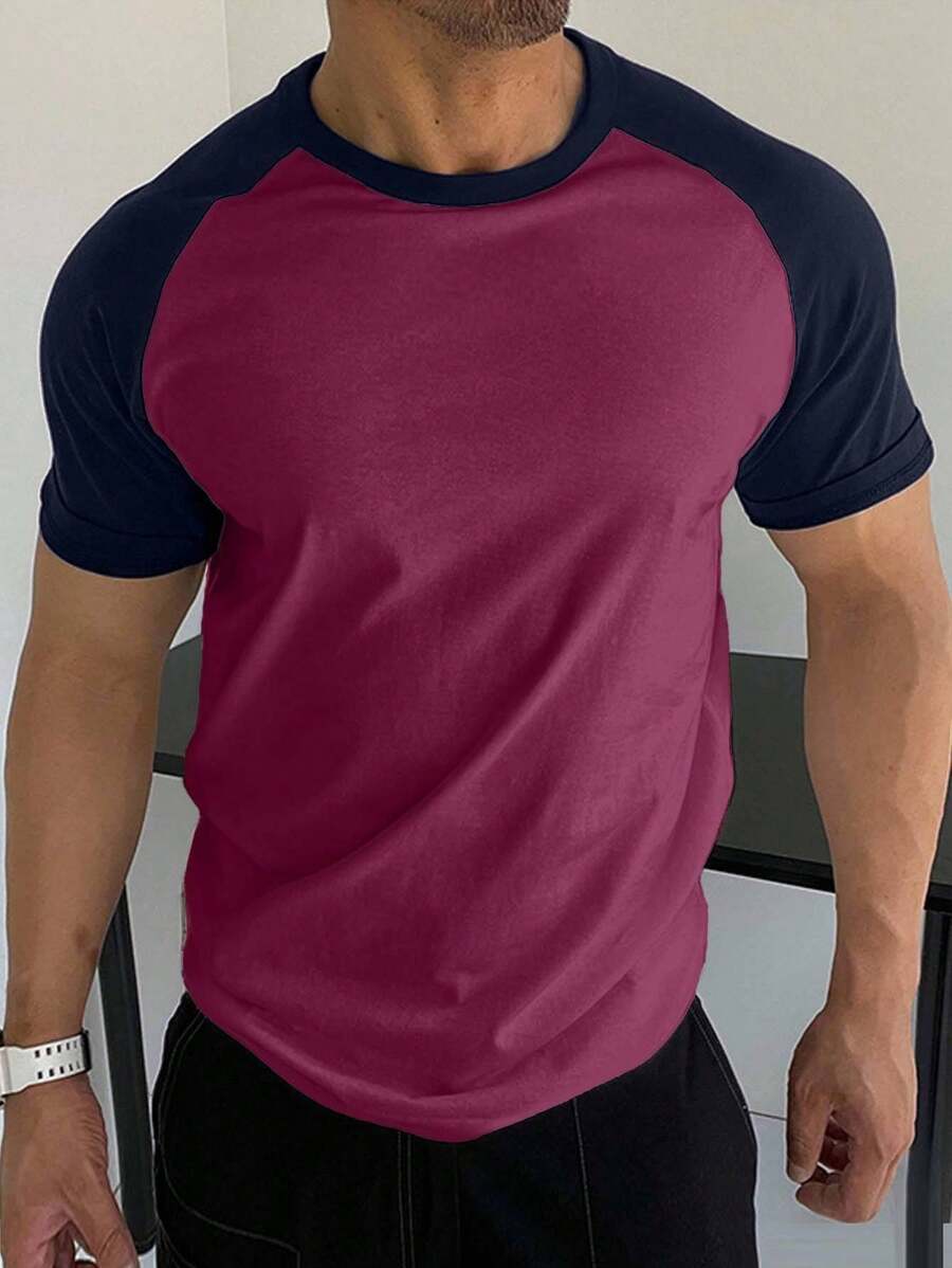 EURMUSE Camiseta de manga raglán con bloques de color 100% algodón para hombre - Burdeos - Ver 1