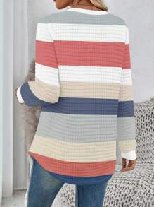 SHEIN LUNE 秋冬休闲条纹圆领格子舒适运动衫，弧形下摆，侧开衩 - 彩色 - 查看 2