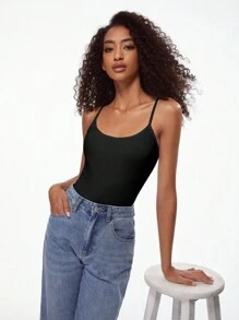 SHEIN BASICS 女款純色細肩帶背心上衣 簡約時尚日常休閒上衣 黑色 - 黑色 - 查看 7