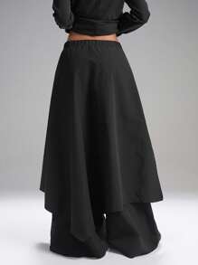 SHEIN EZwear 秋冬大码女式纯色拼接设计宽腿宽松裤 - 黑色 - 查看 2