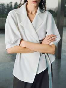 Uhlyne Women's Fashion Simple Turndown Collar Metal Detail Mid-Sleeve Casual Blouse,White Light Weight Blazer Shirt,Easy Care,Little Strech,Autumn,Minimalist,Work Wear,Teacher Outfits,Back To School,Fall ,Neutral Clothes,Business Casual,Old Money Style All White - White - View 7