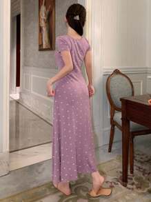 DAZY Bow Print Body-Fitted Short Sleeve Women Home Dress Pajama - Mauve Purple - View 2