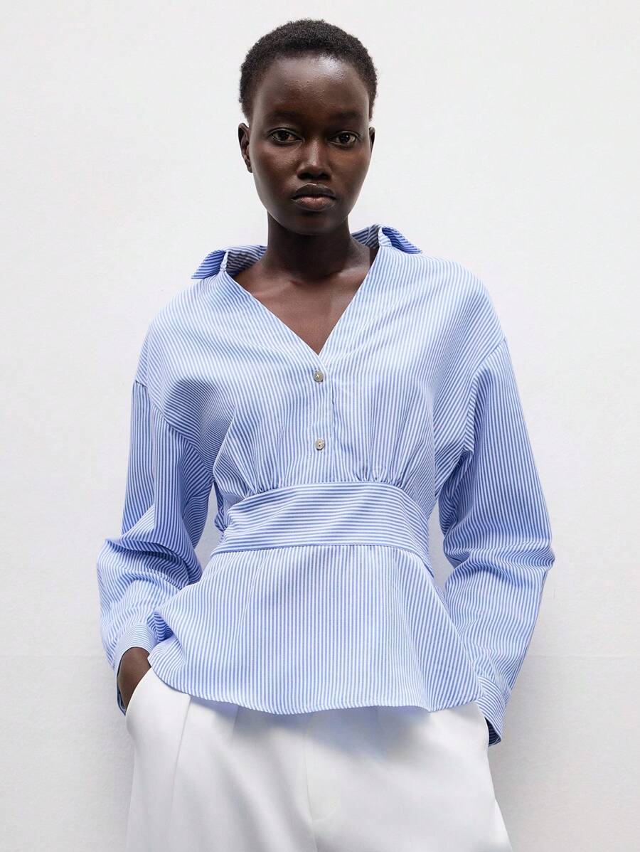 Lumivelle Luminelle Blue And White Striped Long-Sleeved Autumn Shirt With A Cinched Waist Clothes For University - Light Wash - View 1