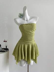 Sweetra Y2K Sexy Asymmetrical Length Ruched Fabric Strapless Dress - Green - View 1