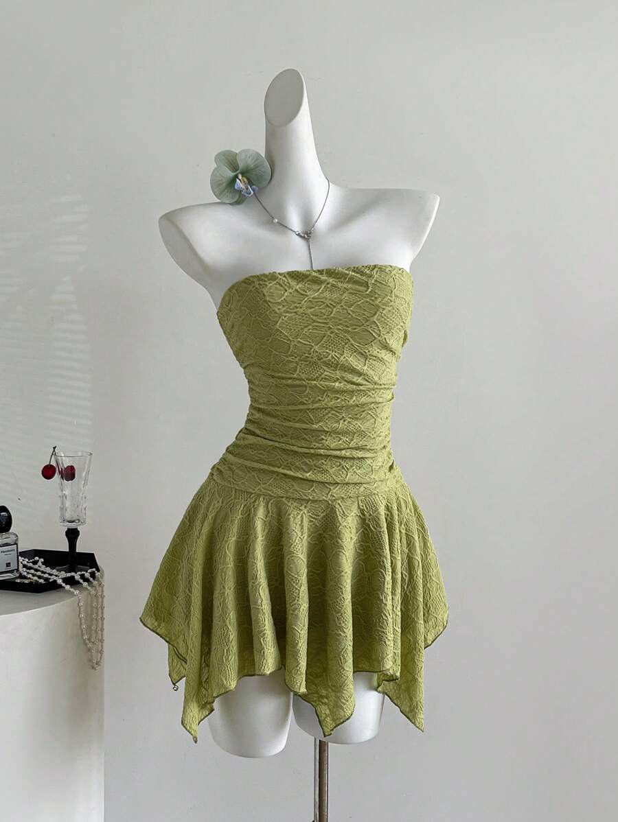 Sweetra Y2K Sexy Asymmetrical Length Ruched Fabric Strapless Dress - Green - View 1