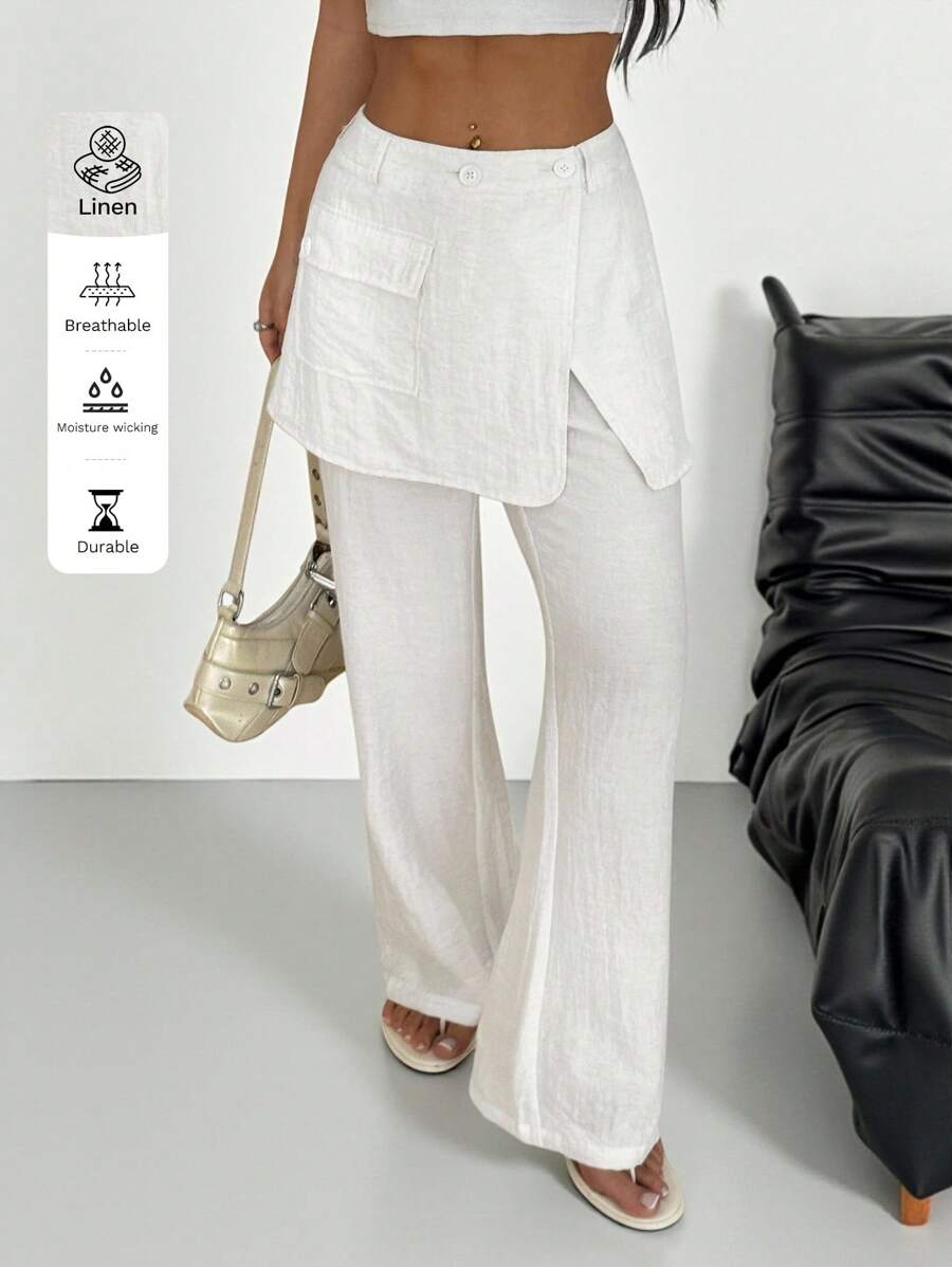 SHEIN EZwear 白色梭织女式工装口袋拼布喇叭长裤 - 白色 - 查看 1