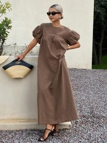 Livesso Vestido largo de verano para mujer con cuello redondo y mangas abullonadas - Café - Ver 6