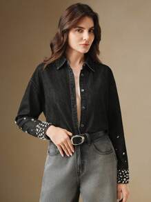 Anewsta Áo sơ mi denim đính đá Rhinestone thời trang giản dị cho nữ - màu đen - Xem 6