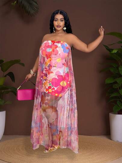 Veslaya 2025 春夏新款音乐节优雅休闲性感多色撞色全身印花双层紧身露肩长裙，加大码