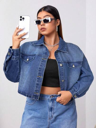 Elaquor Veste en jean décontractée ample à épaules tombantes et coupe courte, pour grandes tailles, printemps/automne