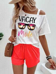 SHEIN LUNE Women Summer Letter & Palm Tree Print Asymmetrical Neck Short Sleeve T-Shirt And Shorts 2 Pieces Set - Multicolor - View 4