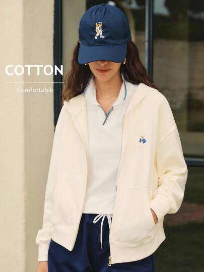 Briarwyn 女士休闲百搭纯色小熊刺绣套头卫衣，秋季，返校季，复古风格女装，女教师款，运动休闲开衫