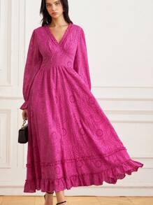 GENKIRA 复古优雅设计刺绣镂空荷叶边下摆修身长裙 - 玫紅色 - 查看 5