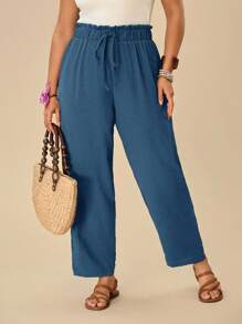 SHEIN VCAY 大码女式纯色荷叶边腰系带宽松休闲裤 - 藍色 - 查看 4