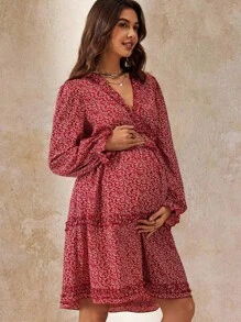 Boho Mama 孕妇春秋度假风格满花印花V领荷叶边袖哺乳连衣裙 - 紅色 - 查看 1