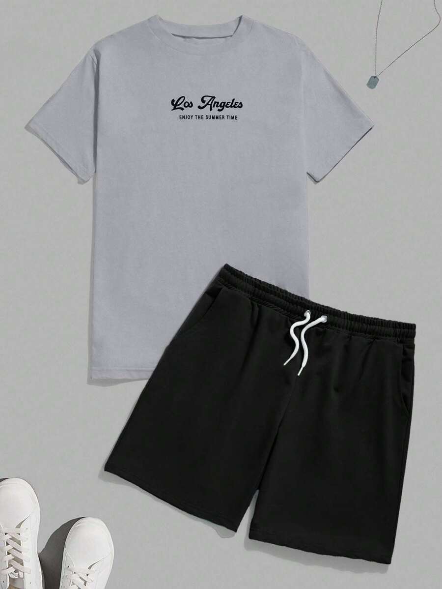 EURMUSE Set de 2 piezas de camiseta casual de manga corta con cuello redondo y estampado de eslogan, talla grande pantalón corto con cordón en la cintura para hombre - Negro - Ver 1