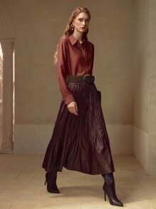 MOTF PREMIUM 弹力腰带修身百搭PU皮革短裙 - 酒紅色 - 查看 7