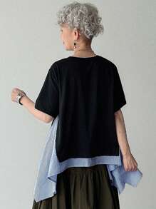 FRIFUL Women's Round Neck Patchwork Striped Asymmetric Hem Loose Casual Versatile Short Sleeve T-Shirt - Black - View 6