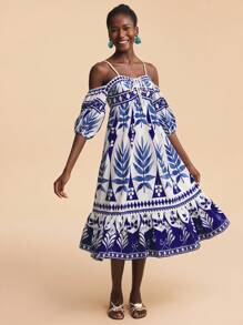 Travachic Vestido de manga larga con estampado de plantas tropicales, hombros descubiertos y mangas altas para mujeres, adecuado para vacaciones - Azul - Ver 7