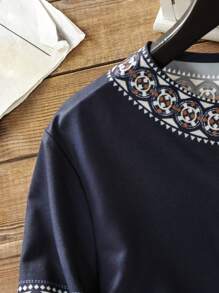 Lacomfia Casual Lantern Sleeve Placement Print Women Blouse, Spring/Summer Fall Cloth For Women - Navy Blue - View 3