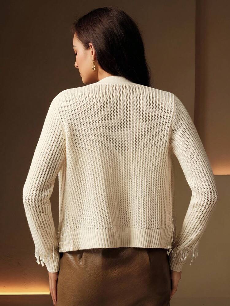 Women's Solid Color V-Neck Button-Front Long Sleeve Hollow-Out Hand-Beaded Knit Top