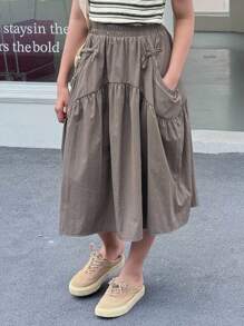 Dazy Kids 女童夏季休闲纯色蝴蝶结装饰A字裙 - 灰色 - 查看 4