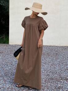 Livesso Vestido largo de verano para mujer con cuello redondo y mangas abullonadas - Café - Ver 1