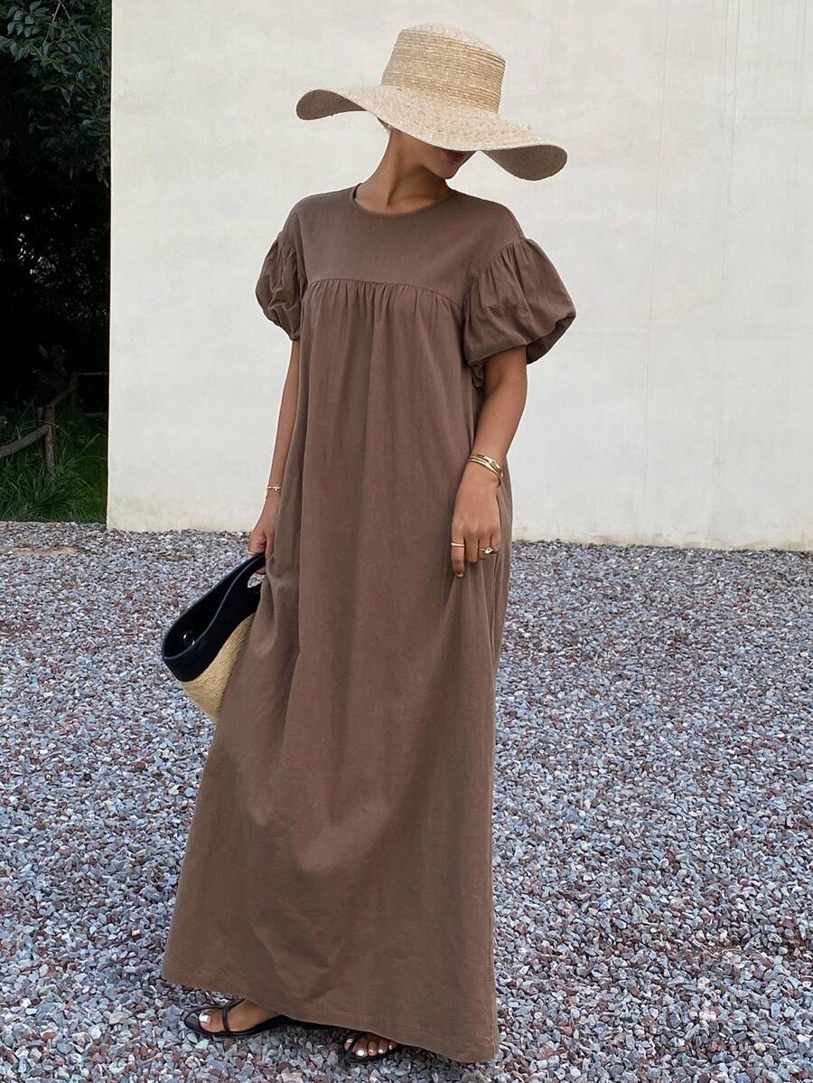 Livesso Vestido largo de verano para mujer con cuello redondo y mangas abullonadas - Café - Ver 1