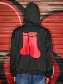 ROMWE MEN Astro Boy X ROMWE Men's Cartoon Figure Graphic Rhinestone Detail Oversized Hooded Sweatshirt - Black - View 2