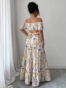 Elenzga Đầm trễ vai chéo lưng cỡ lớn cho nữ, thanh lịch - Màu be - Xem 2