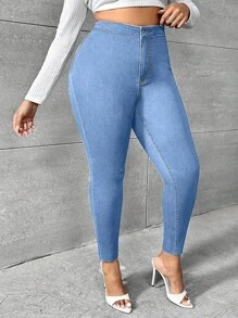 SHEIN SXY Plus High Waist Skinny Jeans - Light Wash - View 1