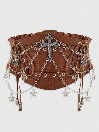 Goth 1 pieza Accesorio de vestido de cintura Elastic gótico oscuro con cadena de encaje marrón, accesorio de disfraz de Halloween