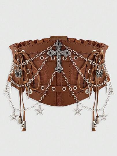 1pc Women's Brown Lace Chain Skeleton Cross Tie Decor Dark Gothic Elastic Waist Belt Dress Accessory, Halloween Costume Accessory