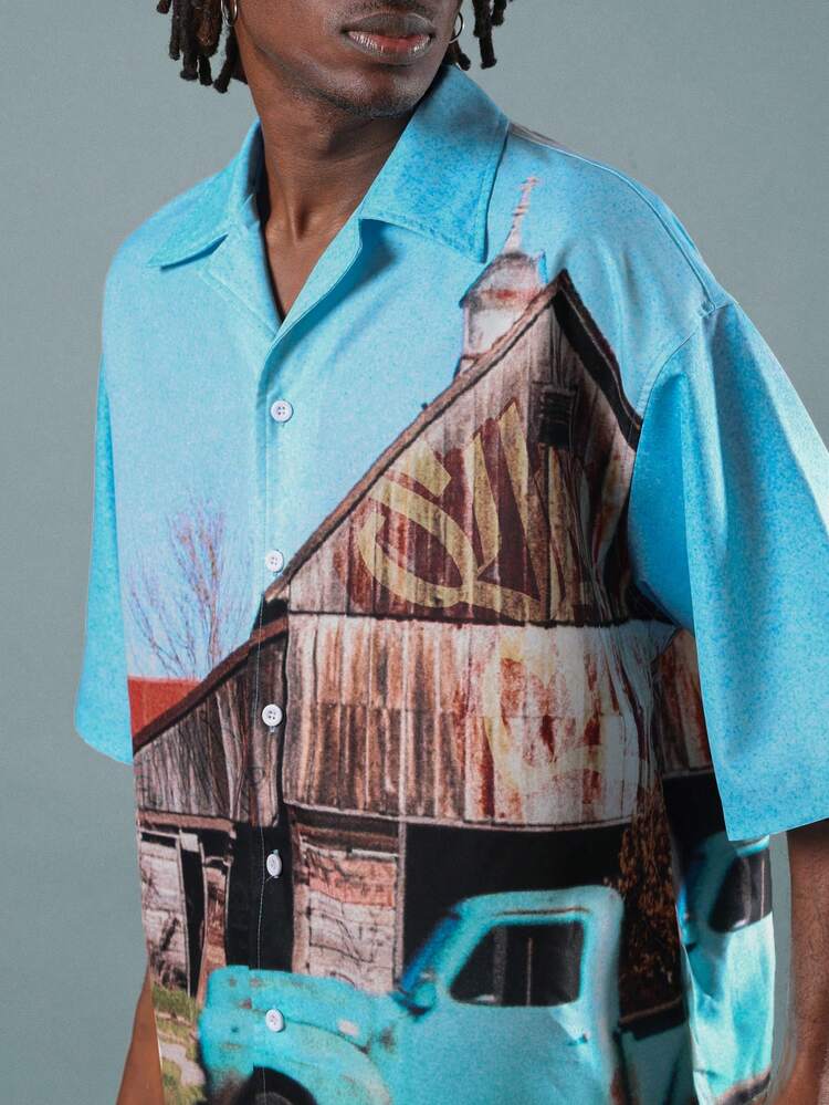 SUMWON Resort Bowling Shirt Summer Photographic Print Boxy Button Down Short Sleeve Vacation Relaxed Fit Retro Truck Barn Vintage Scene - Multicolor - View 3