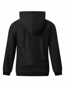 Teenage Boy Casual Printed Zipper Pocket Hooded Jacket, Suitable For Daily Casual Wear Chic Outfits For Autumn/Winter Fall - Black - View 2