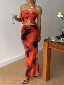 DAZY Set de 2 piezas con top crop y mini falda con estampado de teñido anudado para mujeres en verano