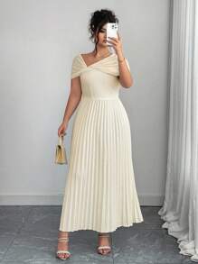 Elenzga Plus-size elegante abrikozen tailleband mesh off-shoulder geplooide jurk