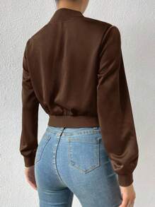 SHEIN EZwear Chaqueta bomber corta con cremallera de color sólido para primavera/invierno - Café integral - Ver 2