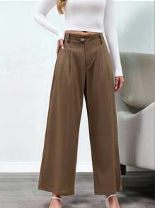 Modelyn Women French Elegant Style Button Closure Loose Wide Leg Pants, Solid Color Fall Cloth For Women - Khaki - View 3