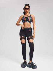 Innovista Women's Stylish Glittery Shiny Sports Bra & Cut-Out Leggings Set,High-Stretch Metallic Animal Shimmer Training Tops,Cross Back Activewear Outfit - Black - View 10