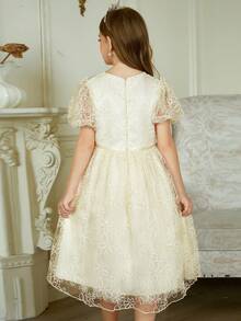 Hapijoa Girls Princess Dress With Bow, Sweet Mesh Party Dresses, Tween Girl Summer Outfit - Apricot - View 6