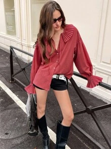 Chiquease V-Neck, Accordion Pleats, Tie-Neck Long Sleeve Blouse - Watermelon Pink - View 6