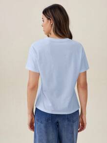 Chiquease Uhlyne Damen T-Shirt aus Baumwolle, einfarbig, für den Alltag, lässiges Design, modisch, Basic, bequem, Herbst, minimalistisch, Arbeitskleidung, Lehrerkleidung, Schulanfang, Herbst, neutral, Business Casual, Old Money Style - Babyblau - Übersicht 2