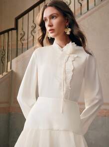 Anewsta Women's Champagne White Embroidered Button-Front Shirt, Long Sleeve, Spring/Autumn/Summer - Champagne - View 6