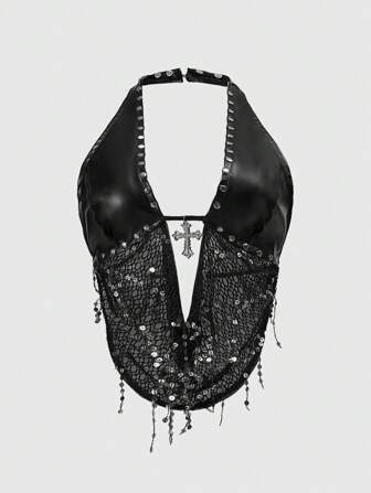 Grunge Punk Canottiera e top con spalline a spaghetti a rete con perline, con pendente a croce con borchie, stile Y2K, taglie forti