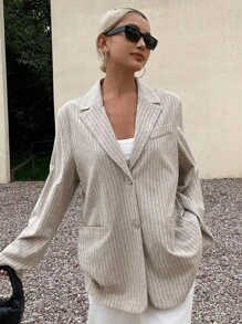 Livesso 女士亚麻宽松休闲条纹长袖西装外套，秋季女装商务装 - 灰色 - 查看 2