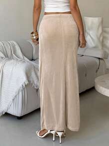 Lavishia 杏色金属闪光弹力高腰 A 字裙，时尚休闲街头时尚，影响者